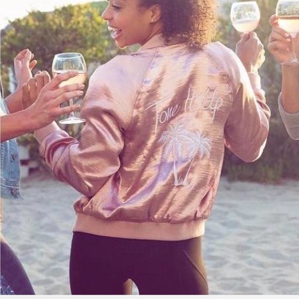 Tone It Up Women's Pink Bomber Jacket Satin silky beach festival workout size S